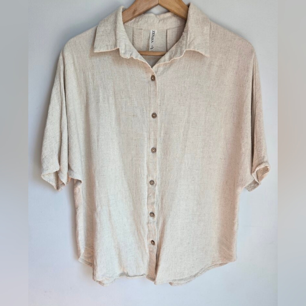ZENANA Cream Button-Up Linen And Rayon Shirt